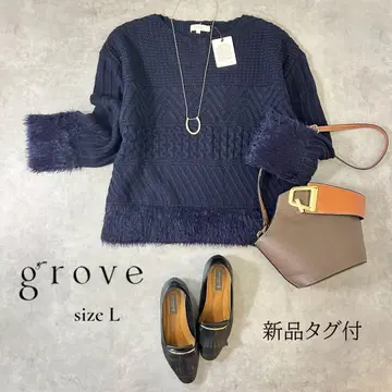[택 포함 새상품] grove 디자인 편직 니트 L 네이비 프린지 조절