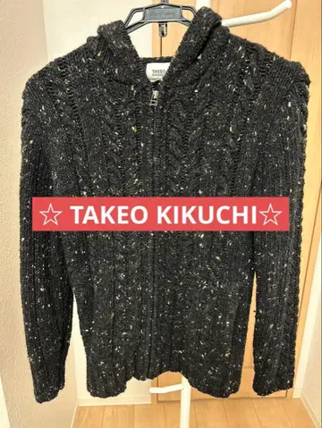 TAKEO KIKUCHI/블랙 니트 후드티 후드 부착 새상품급