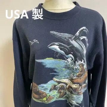 USA제 애니멀/동물 네이비 맨투맨 짧은 기장 구제 의류