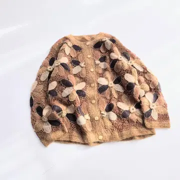 빈티지 대형 꽃 꽃무늬 모헤어 혼방 니트 가디건 브라운 P