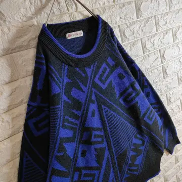 디자인 니트 스웨터 올 패턴 기하학 패턴 블루 L