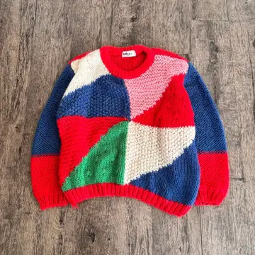 올 패턴 스웨터 멀티 컬러 짧은 기장 케이블 짜임 레드 캐주얼 레트로