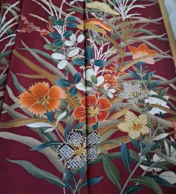 하나이 유키코 꽃무늬 크림슨 컬러 순수 실크 호몬기