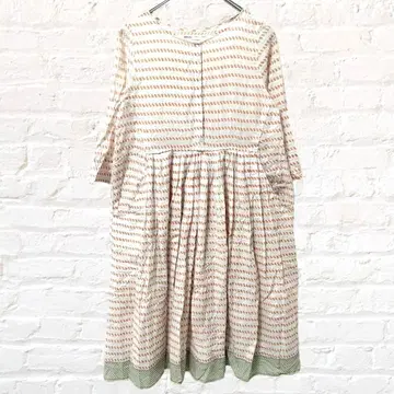 콩제페이에 플레어 원피스 7부 소매 올 패턴 오렌지 면 100 여성용