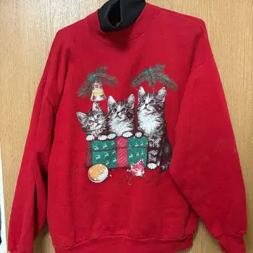 고양이 빨간색 맨투맨 속기모 L 사이즈 터틀넥