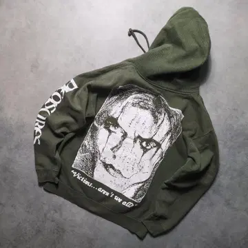 pleasures 후드티 속기모 풀오버 백 프린트 소매 프린트