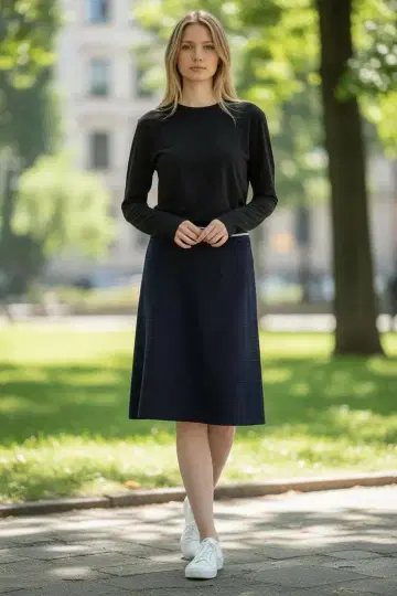 엠즈 그레이시 네이비 스트라이프 허리 타이트 스커트