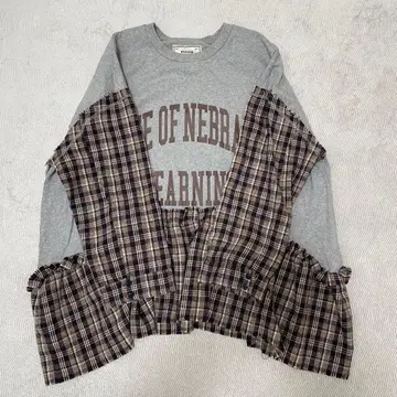 etsint 그레이 긴팔 T셔츠 체크 프릴