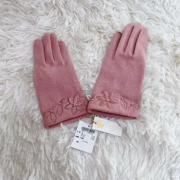 [미사용 택 포함] 긴자와 레이스 캐시미어 혼방 장갑 핑크 꽃 자수