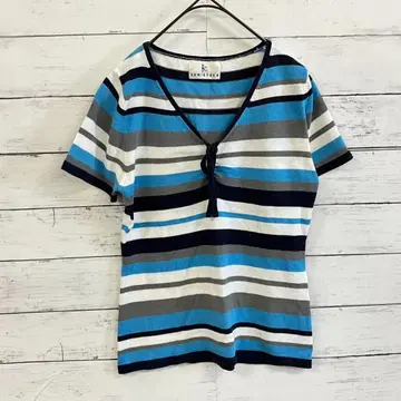 [쿠미쿄쿠] 보더 무늬 V넥 반팔 상의 블루 x 그레이 계열 S 상당