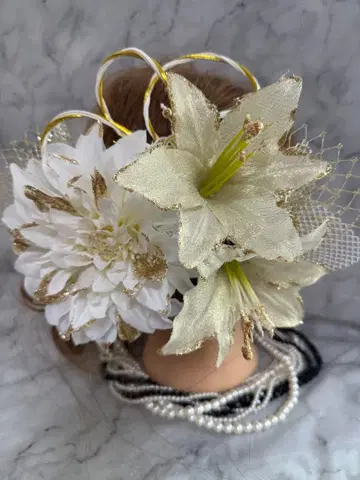 신상 No.2269 화이트 x 골드 달리아 & 카사블랑카 머리 장식 세트