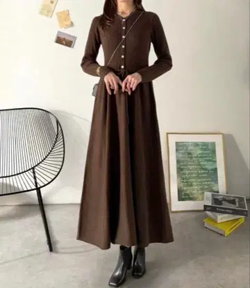 ClassicalElf 허리 리본 니트 원피스 (롱 기장)