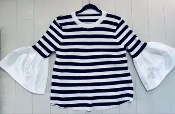 새상품 보더 디자인 소매 절개 크루넥 상의 7부 소매