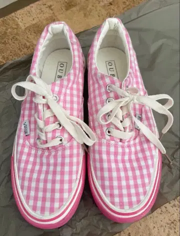 핑크 깅엄 체크 캔버스 신발 스니커즈 플랫슈즈