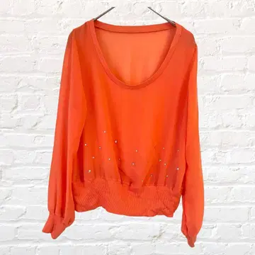 riih 시어 셔츠 티셔츠 오로라 비쥬 긴팔 오렌지 반짝이