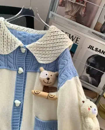 곰 봉제 인형 포함 캐주얼 니트 스웨터