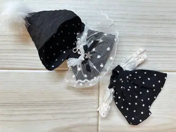 미니 브라이스 아웃핏 블랙과 화이트 물방울 패턴 모자 및 드레스 세트