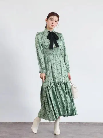 프론트 리본 도트 원피스