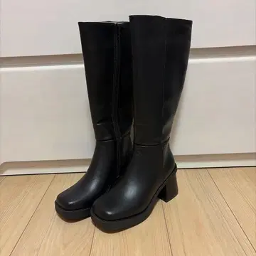 GRL 블랙 롱 부츠 중간 힐 합성 피혁