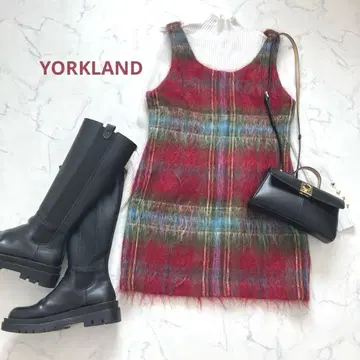 레어 YORKLAND 요크랜드 모헤어 혼방 체크 무늬 원피스 빨간색 계열