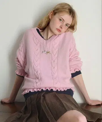 SN 케이블 브이넥 풀오버 (핑크)