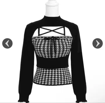 허니 뮤우 HONEY MEW 하운드투스 체크 하이넥 앙상블 상의 블랙