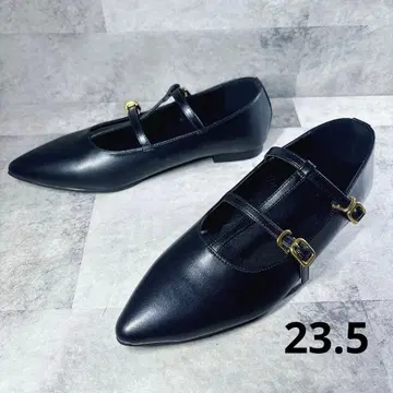 미사용급 미라 오웬 펌프스 23.5 T스트랩 가죽 플랫