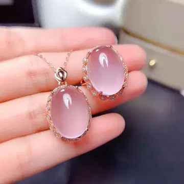 2세트 로즈쿼츠 대형 반지, 반지, 목걸이 예쁜 핑크