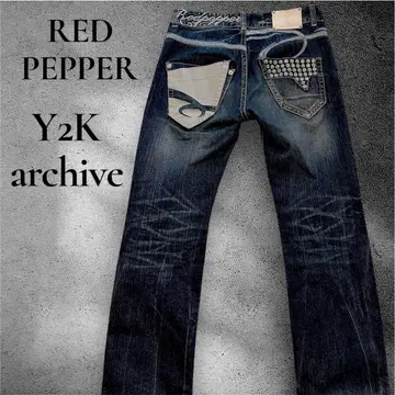 Y2K archive 데님 스터드 히게 주름 가공 데미지 가공 자수