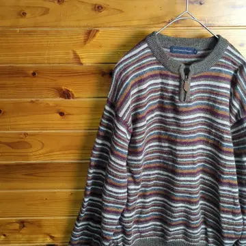 니트 스웨터 보더 하프 지퍼 레트로 빈티지 L 울 구제 의류