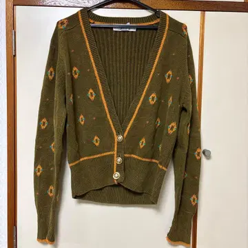 올리브 그린 다이아몬드 무늬 가디건 구제 의류