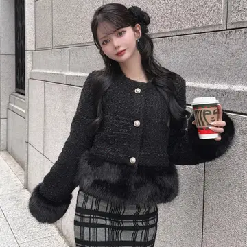 새상품 GRL 퍼 도킹 라메 트위드 자켓 [ai243] 블랙