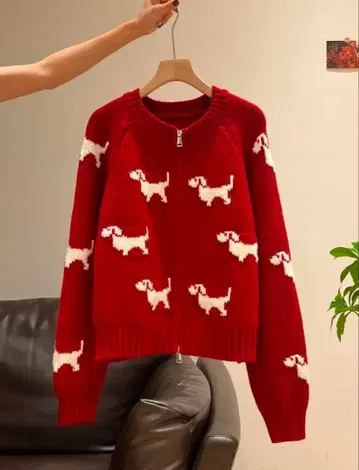 강아지 패턴 빨간색 풀 집업 니트 스웨터 (긴팔)