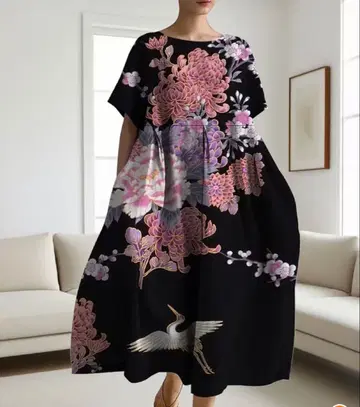 우아한 학 모티브 일본풍 패턴 원피스 3L~4L 상당