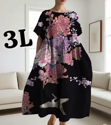 우아한 학 모티브 일본풍 패턴 원피스 3L~4L 상당