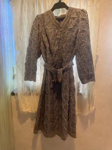 쇼와 레트로 레이스 긴팔 원피스 벨트 포함