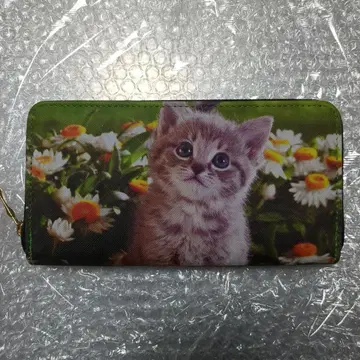 미사용 새상품 라운드 지퍼 장지갑 새끼 고양이 패턴 인조 가죽