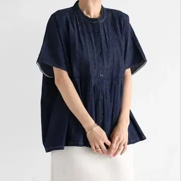 데님 플리츠 반팔 셔츠