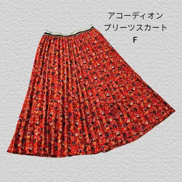 아코디언 플리츠 스커트 F 꽃무늬 레드 허리밴딩