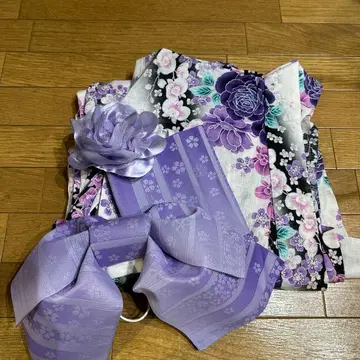 보라색 계열 꽃무늬 유카타 오비 꽃 장식 세트 M