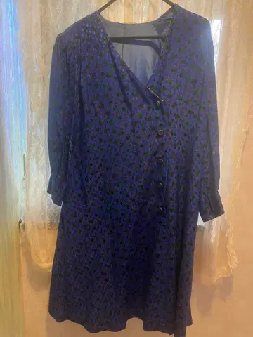 쇼와 레트로 청보라색 꽃무늬 긴팔 원피스