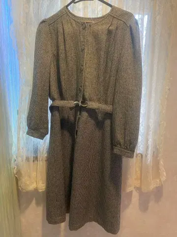 쇼와 레트로 체크 무늬 긴팔 원피스