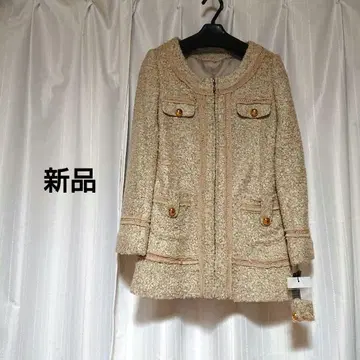 새상품 트위드 노카라 자켓 베이지 골드 버튼