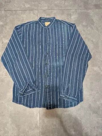 데님 셔츠 노카라 밴드 카라 M 사이즈 블루 화이트 스트라이프