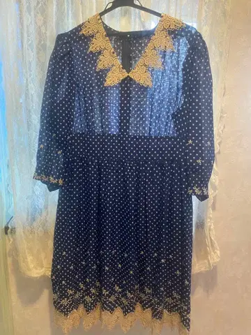 쇼와 레트로 네이비 도트 무늬 원피스 긴팔