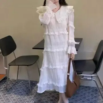 새상품 MiDuoDuo 빅 옷깃 프릴 원피스 화이트 티어드 2way 한국