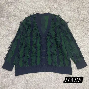 [ HARE ] 리버서블 프린지 스트라이프 가디건 그린 네이비