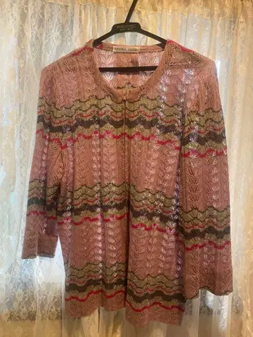 쇼와 레트로 레이스 편직 긴팔 가디건 핑크 계열