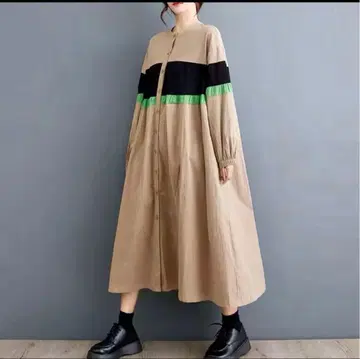 셔츠 원피스 티어드 롱 베이지 바이컬러 레트로 루즈핏