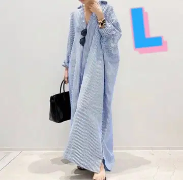 블루 스트라이프 스키퍼 셔츠 롱 원피스 / 넉넉한 실루엣 L